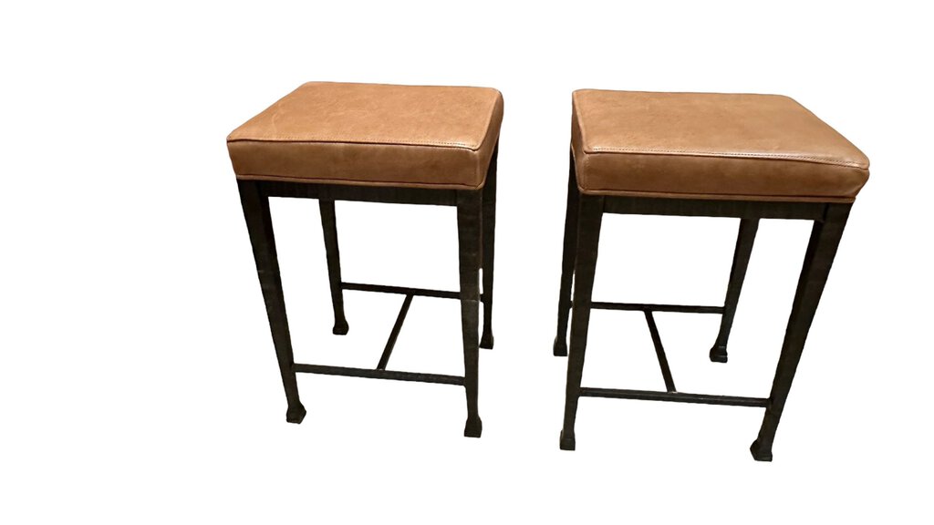 Set of 2 Metal and Leather Stools