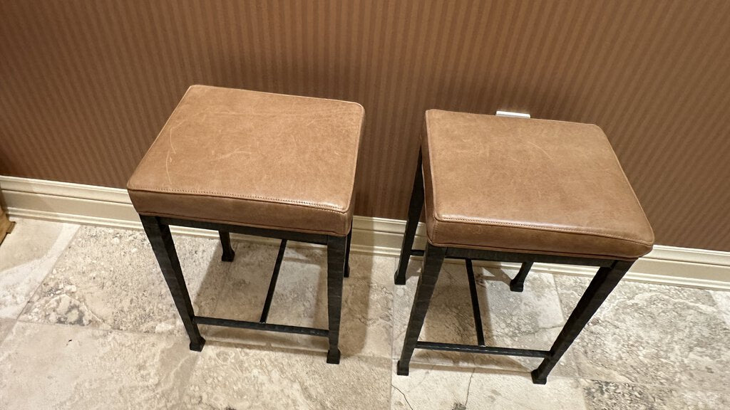 Set of 2 Metal and Leather Stools