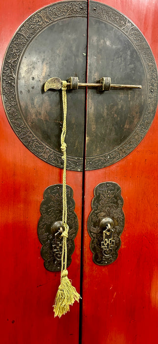 19th Century Asian Bold Red Lacquer Media Cabinet Armoire