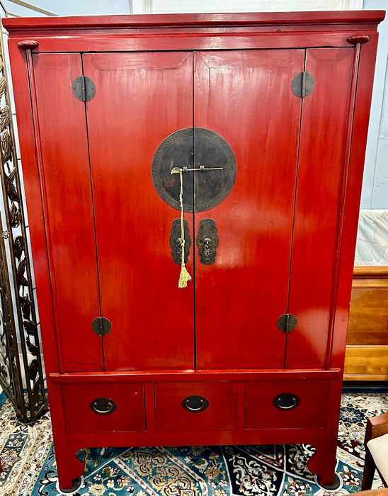 19th Century Asian Bold Red Lacquer Media Cabinet Armoire