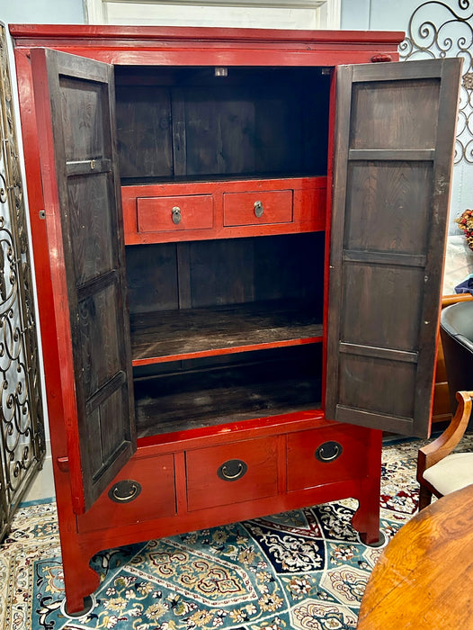 19th Century Asian Bold Red Lacquer Media Cabinet Armoire