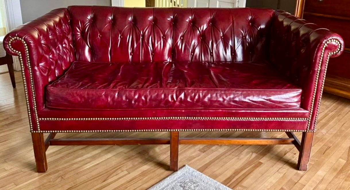 Vintage Chesterfield Oxblood Red Leather Loveseat by Kindel Furniture