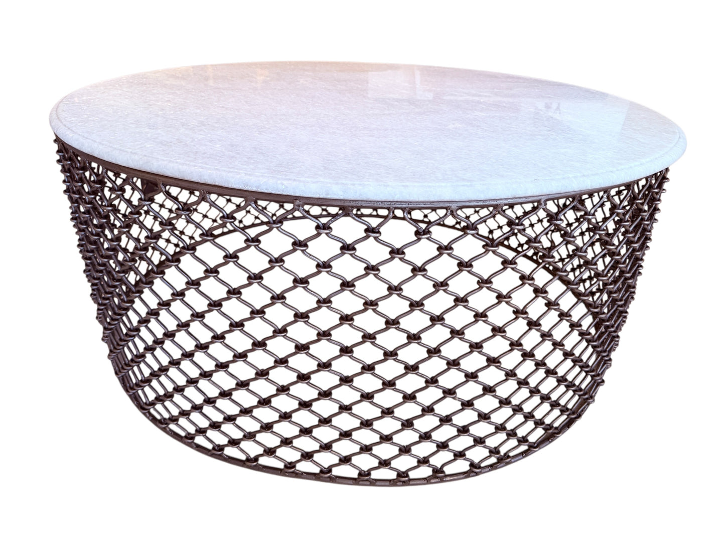 White Granite-top Round Coffee Table with Metal Mesh Base