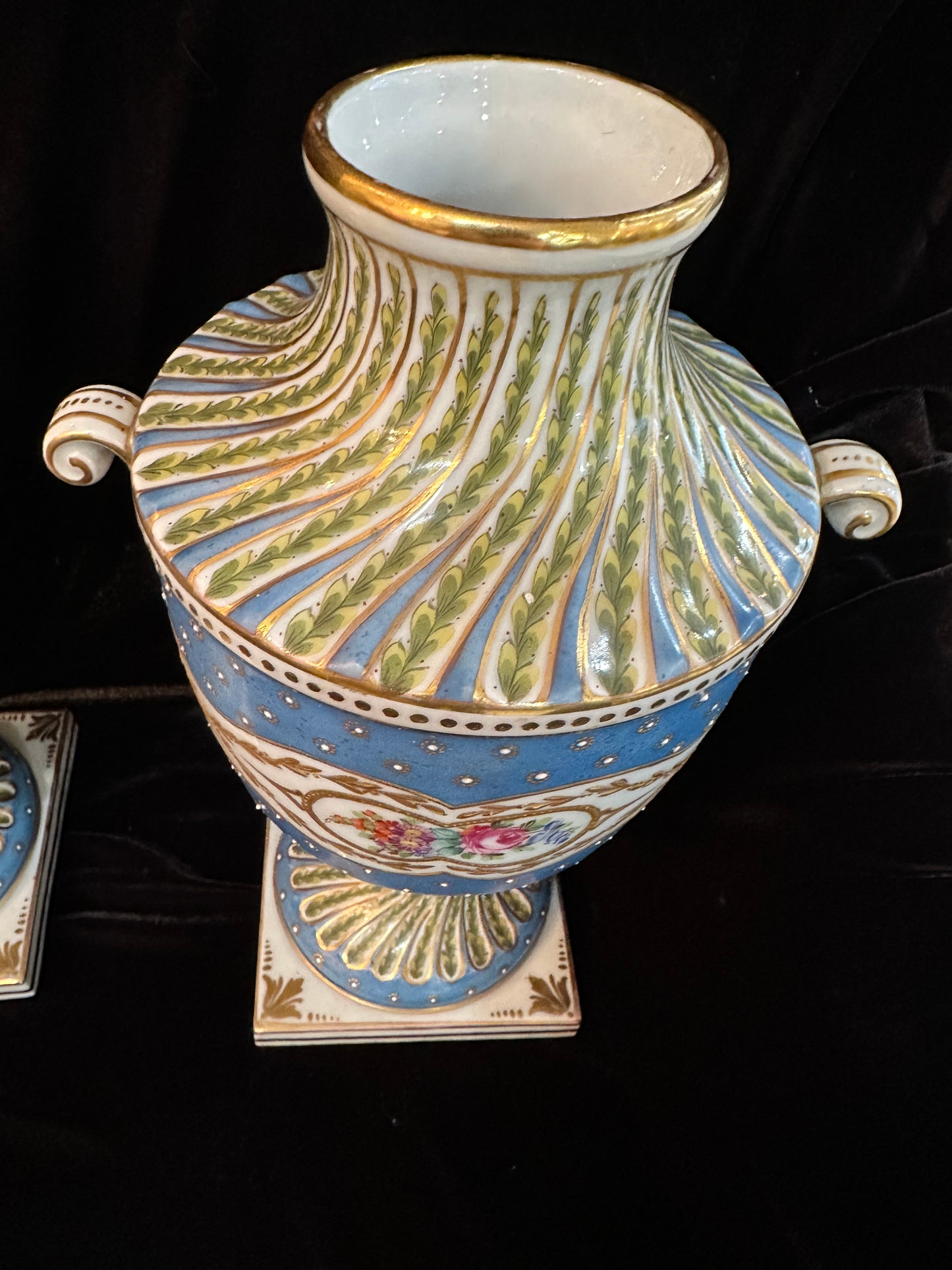 Pair of Sevres France Porcelain Hand Painted Twin Handled Urns, late 19th Century
