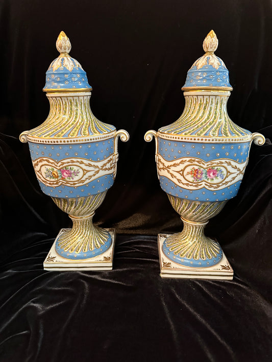 Pair of Sevres France Porcelain Hand Painted Twin Handled Urns, late 19th Century