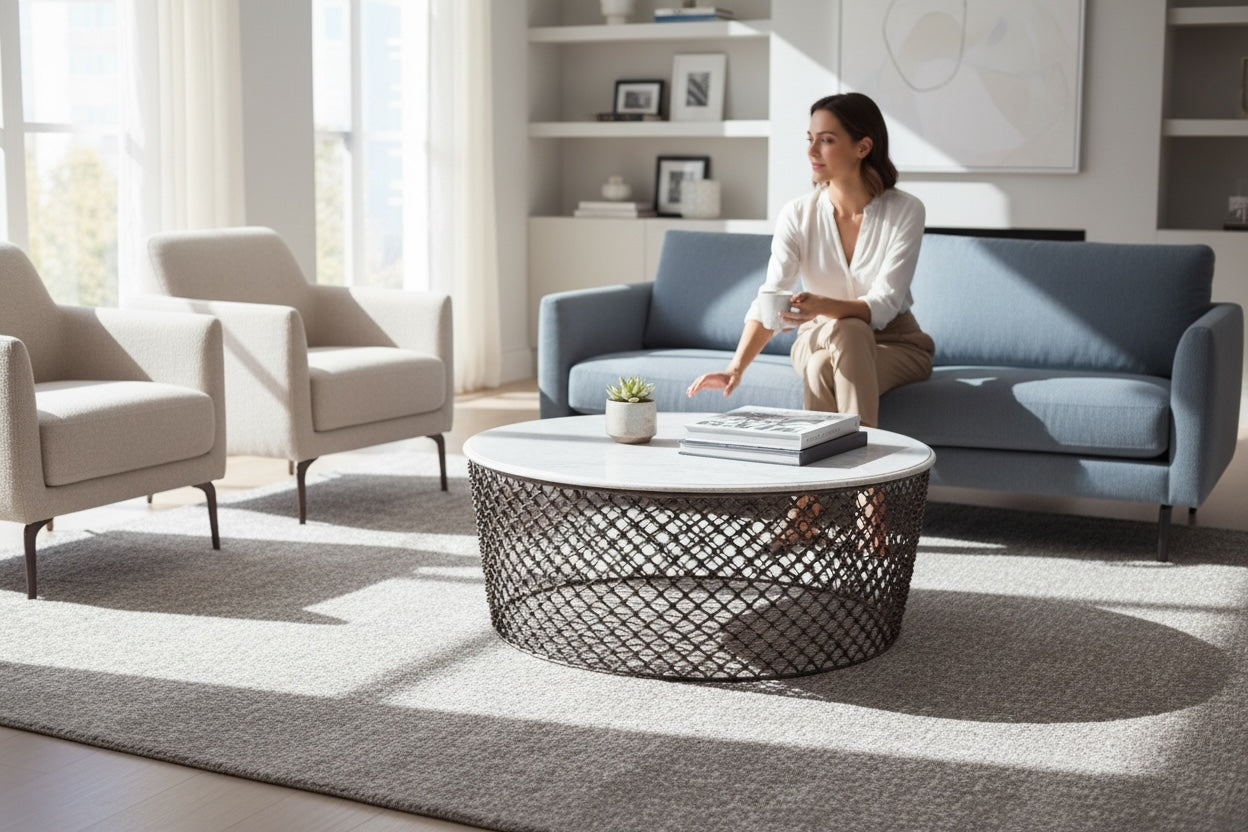 White Granite-top Round Coffee Table with Metal Mesh Base