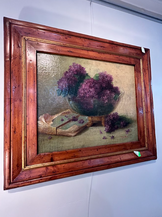 Original Oil Painting Bowl Full Of Purple Flowers