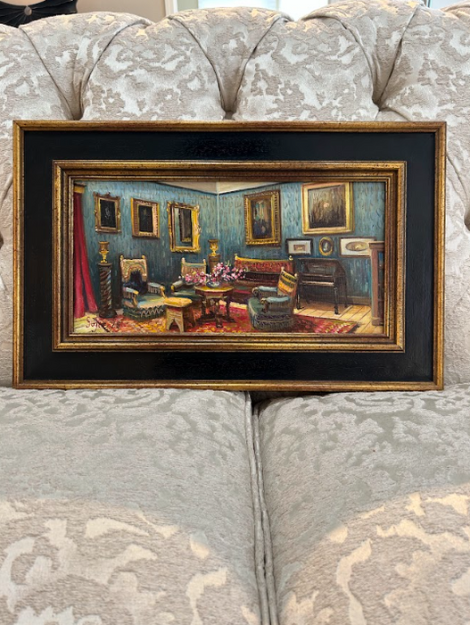 Oil Painting Of An Elegant Room With Gold Picture Frames On The Wall
