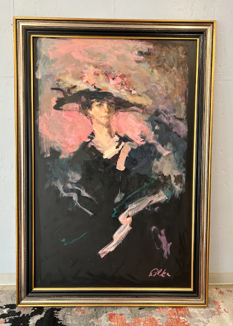 Woman In Black With A Pink Flower Hat Oil Painting - By Artist John Polka