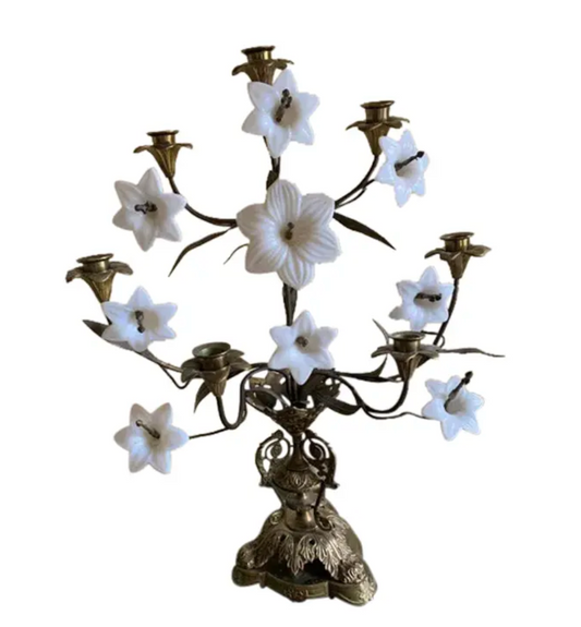 RARE! 9 Point Brass & Ceramic Candelabrum