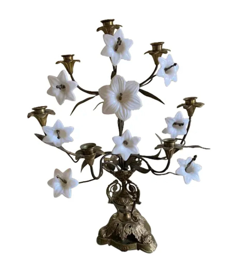 Grand Expressions Gallery and Home Store 9-light antique French candelabrum with brass base and opalescent glass lilies.