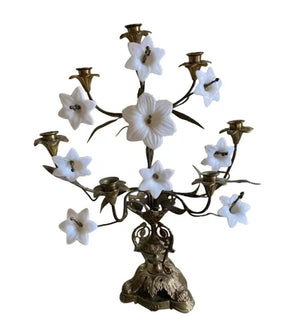 RARE! 9 Point Brass & Ceramic Candelabrum
