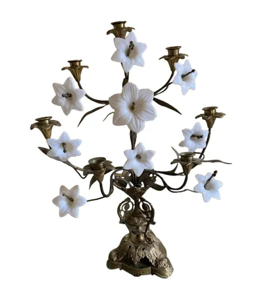 Grand Expressions Gallery and Home Store 9-light antique French candelabrum with brass base and opalescent glass lilies.