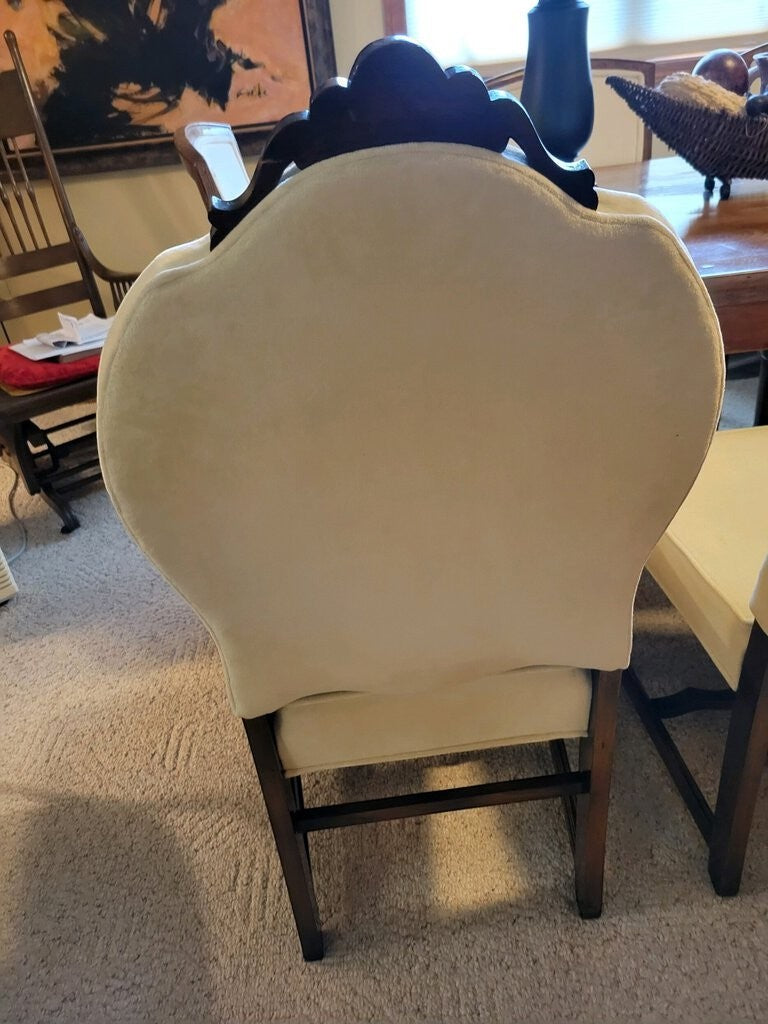 Grand Expressions Gallery and Home Store set of 6 antique dining chairs with cream upholstery and ornate wood trim.