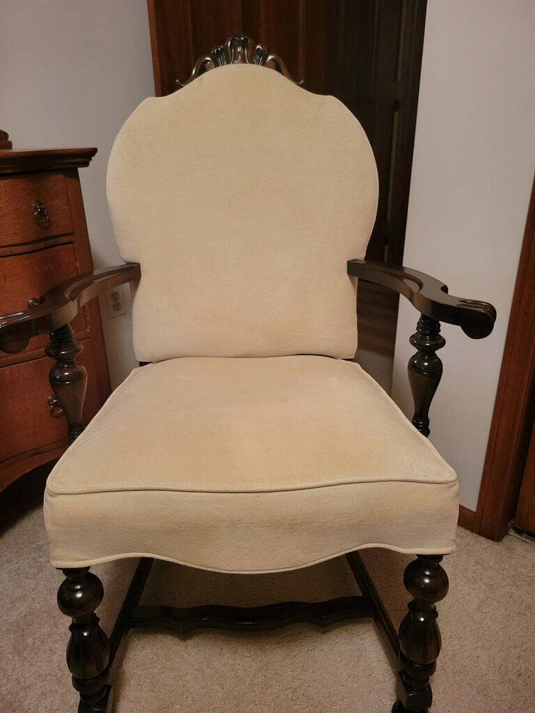 Grand Expressions Gallery and Home Store set of 6 antique dining chairs with cream upholstery and ornate wood trim.