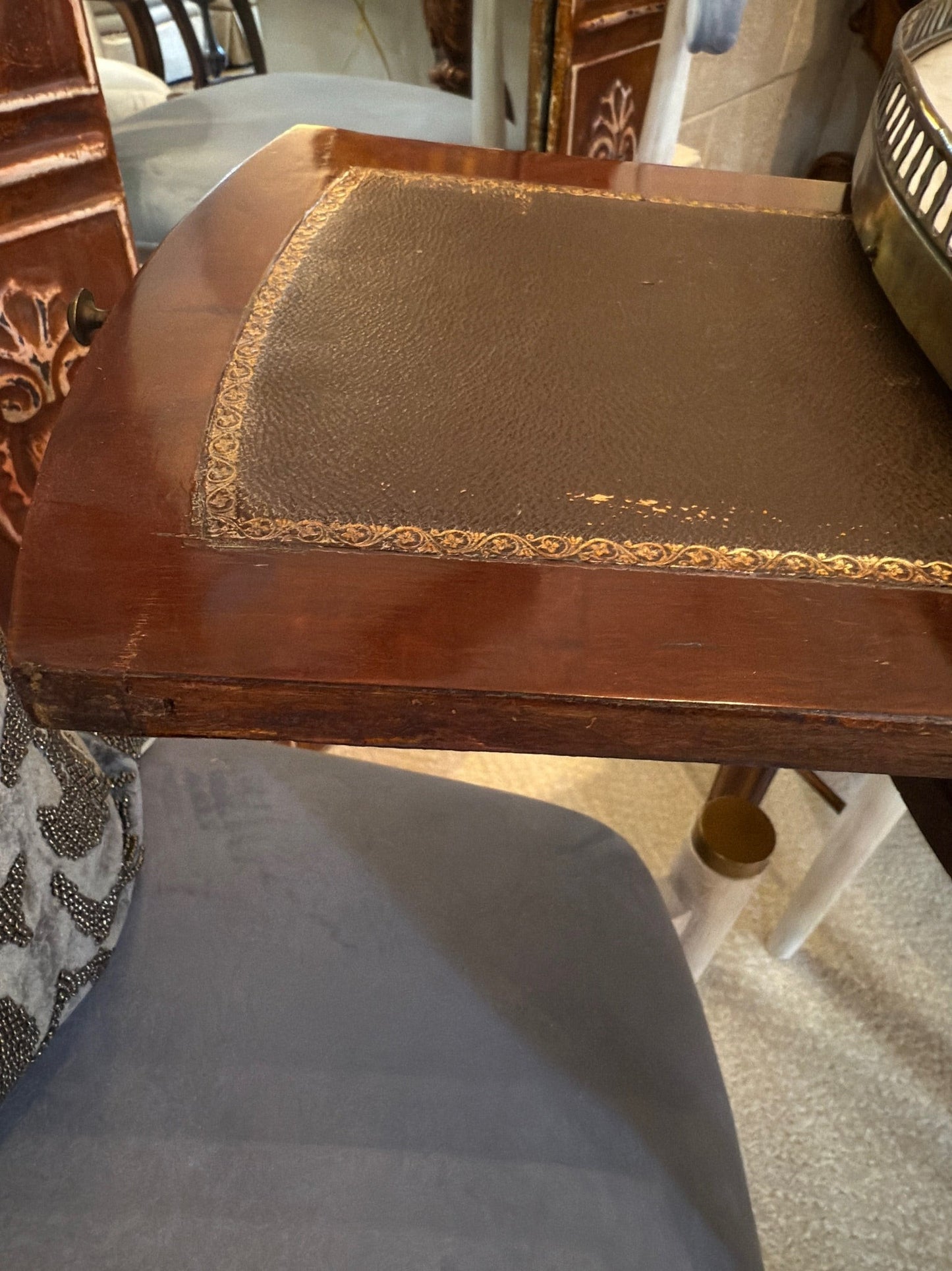 Grand Expressions Gallery and Home Store 18th-century Louis XVI tea table with leather pull-out shelf and brass trim.
