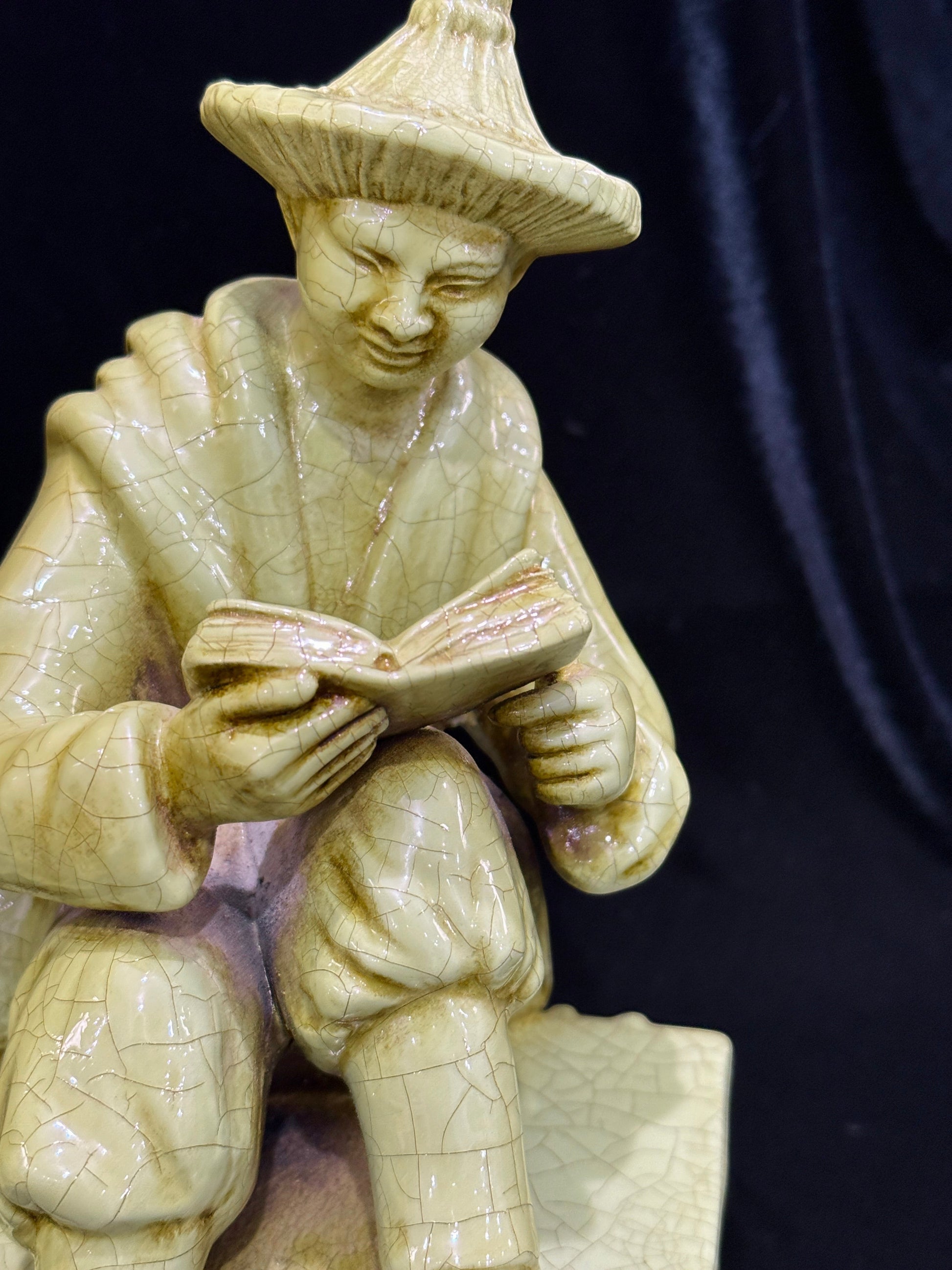 Grand Expressions Gallery and Home Store vintage Italian Asian figurine bookend with green crackle glaze finish.