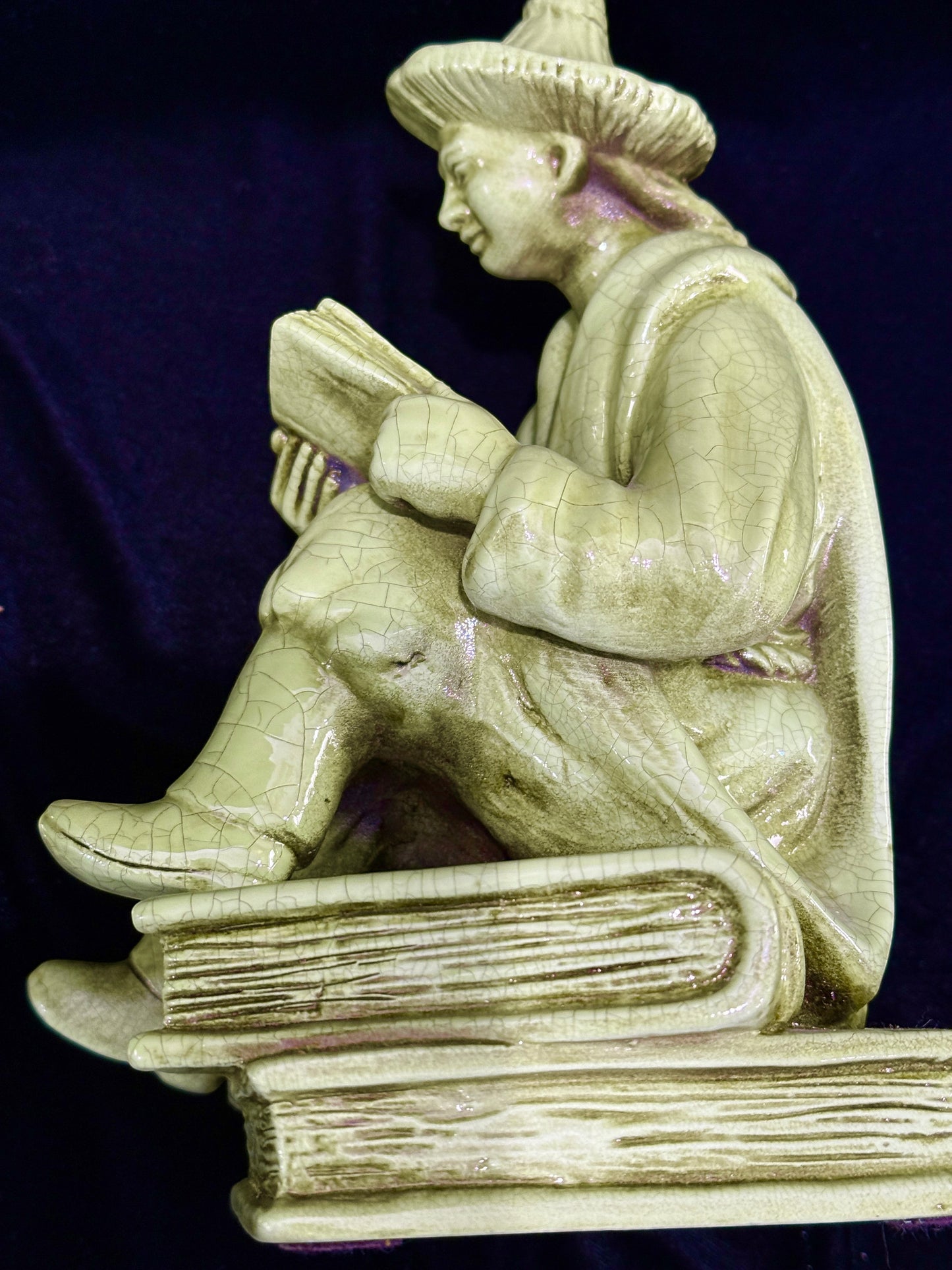 Grand Expressions Gallery and Home Store vintage Italian Asian figurine bookend with green crackle glaze finish.
