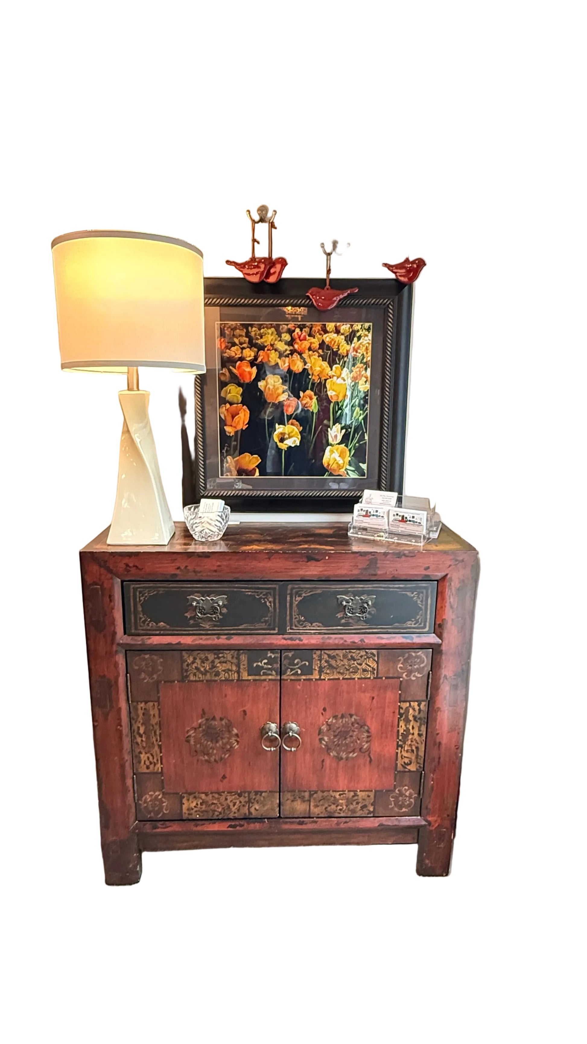 Grand Expressions Gallery and Home Store Asian style cabinet in red and black with storage drawer and cabinet doors.