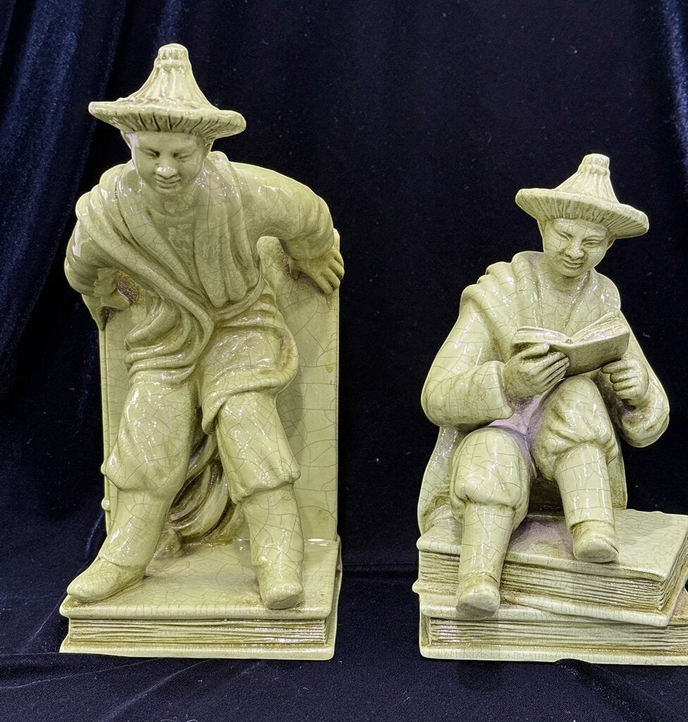 Grand Expressions Gallery and Home Store vintage Italian Asian figurine bookends with a green crackle glaze finish.