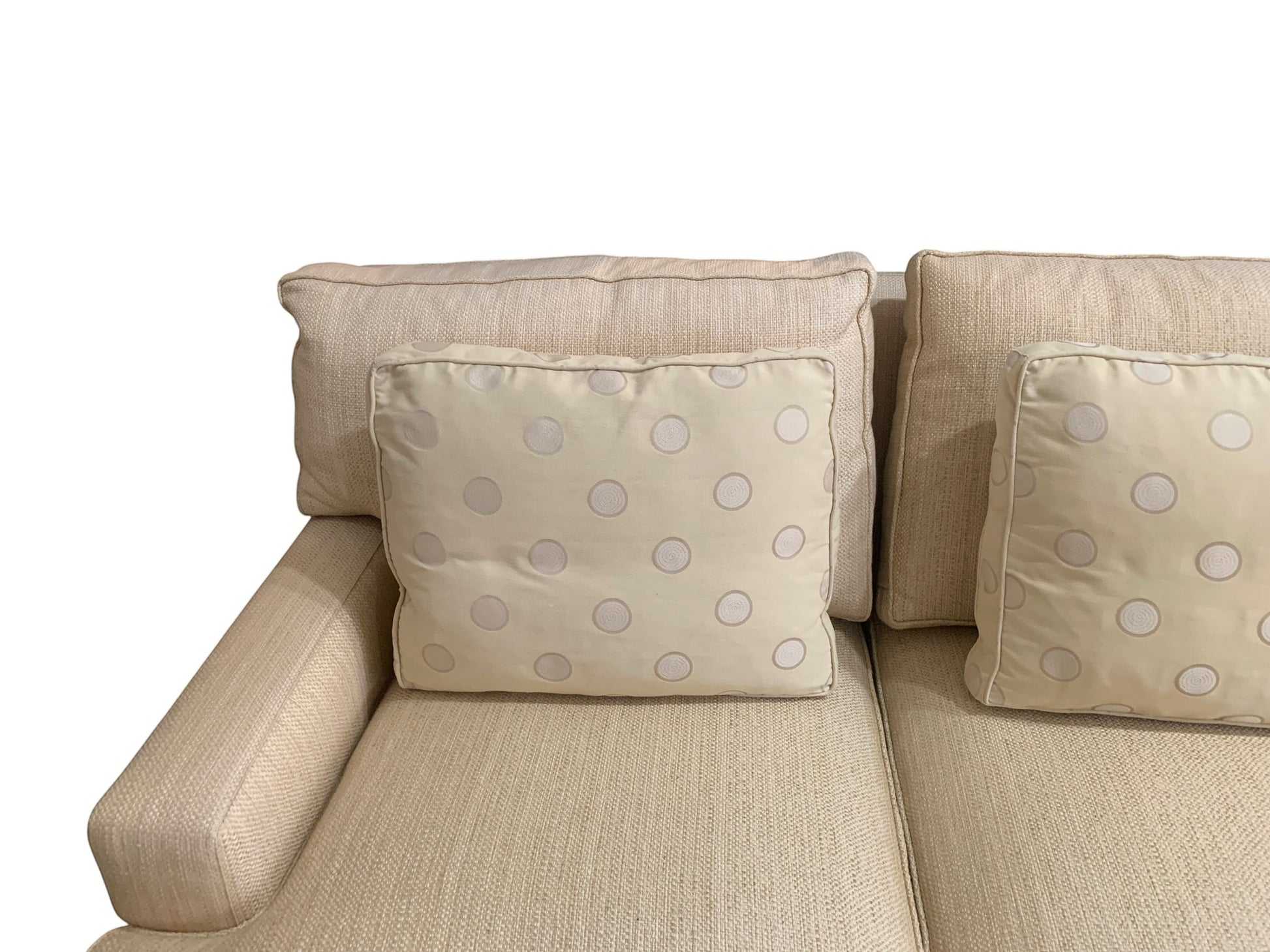 Grand Expressions Gallery and Home Store ivory Baker Loose Back sofa with textured fabric and polka dot accent pillows