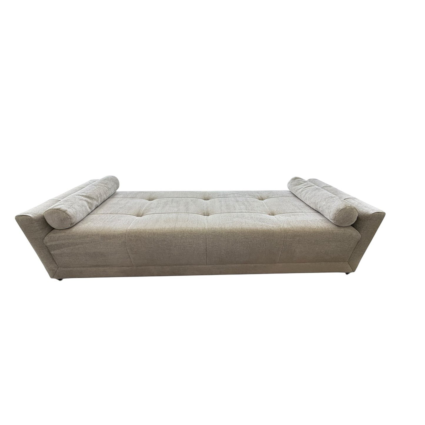 Grand Expressions Gallery and Home Store Baker Paris chaise lounge in beige fabric with tufted seat and two bolsters.