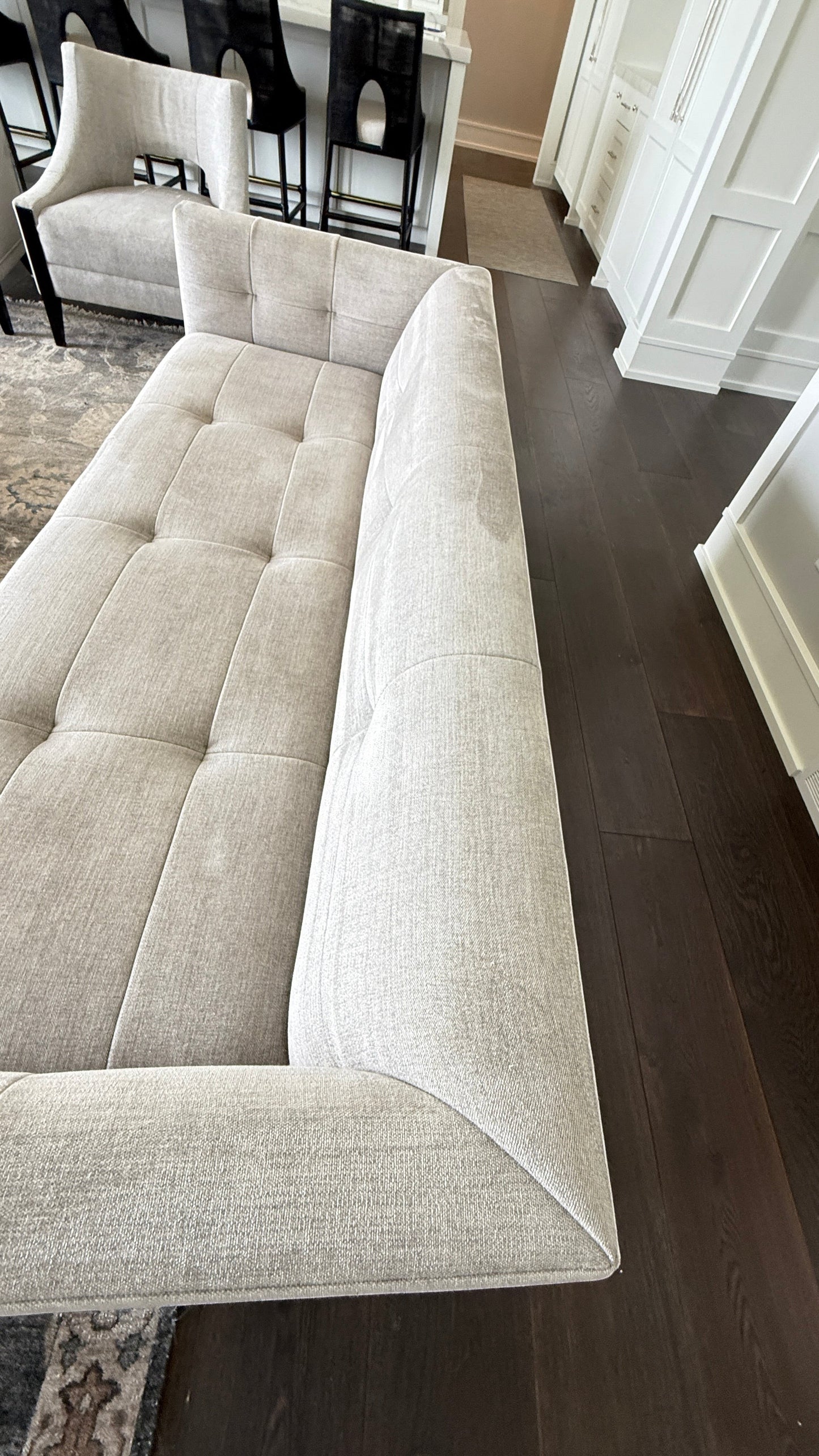 Grand Expressions Gallery and Home Store Baker Paris Loveseat in beige fabric with modern single stitch detailing.