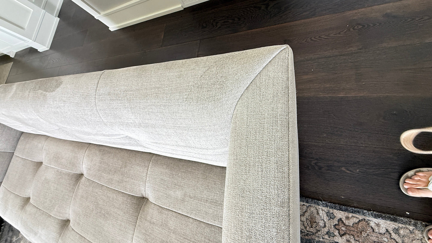 Grand Expressions Gallery and Home Store Baker Paris loveseat in beige fabric with modern single stitch detailing
