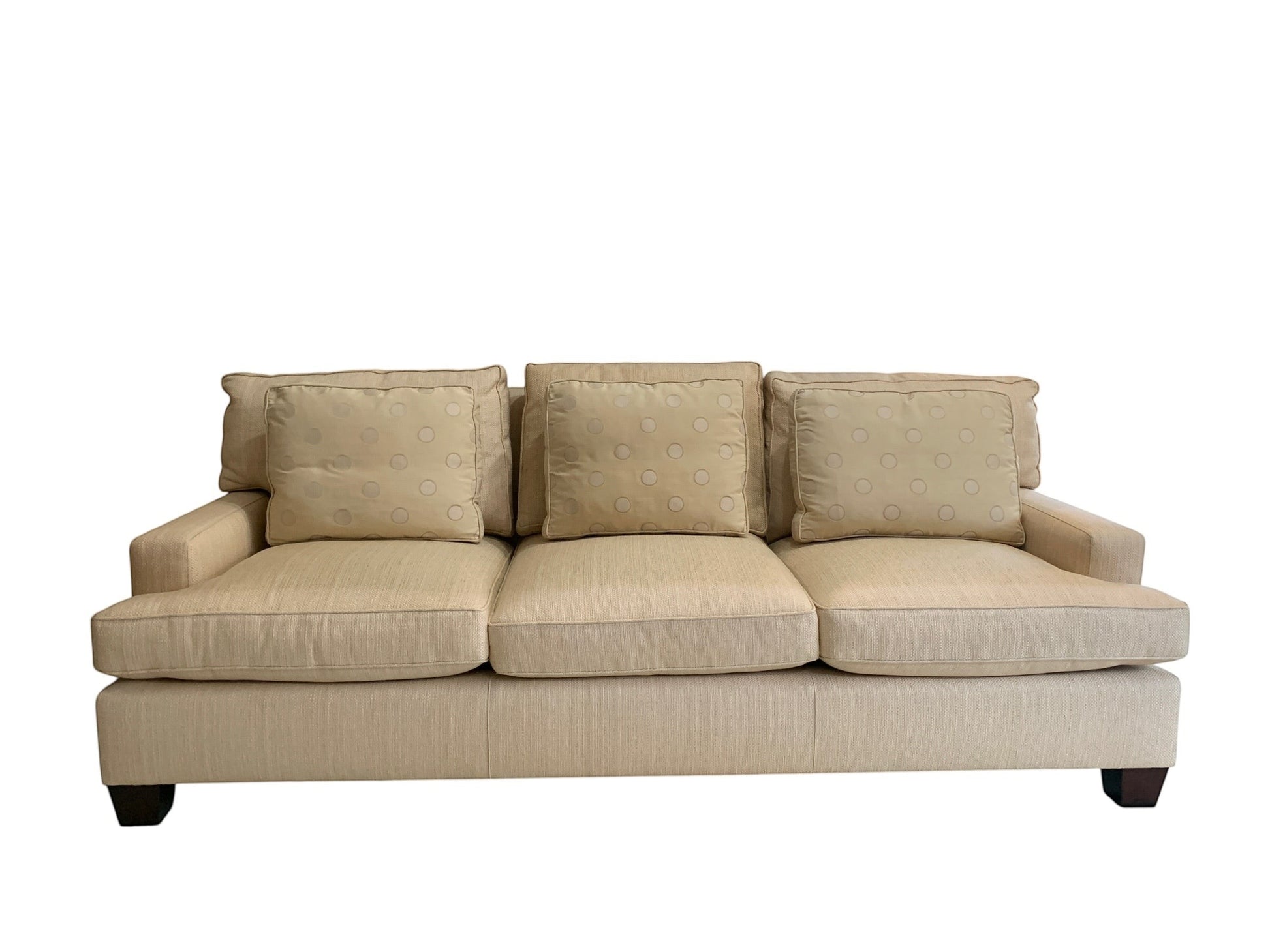 Grand Expressions Gallery and Home Store ivory Baker loose back sofa with patterned cushions and beech wood legs.