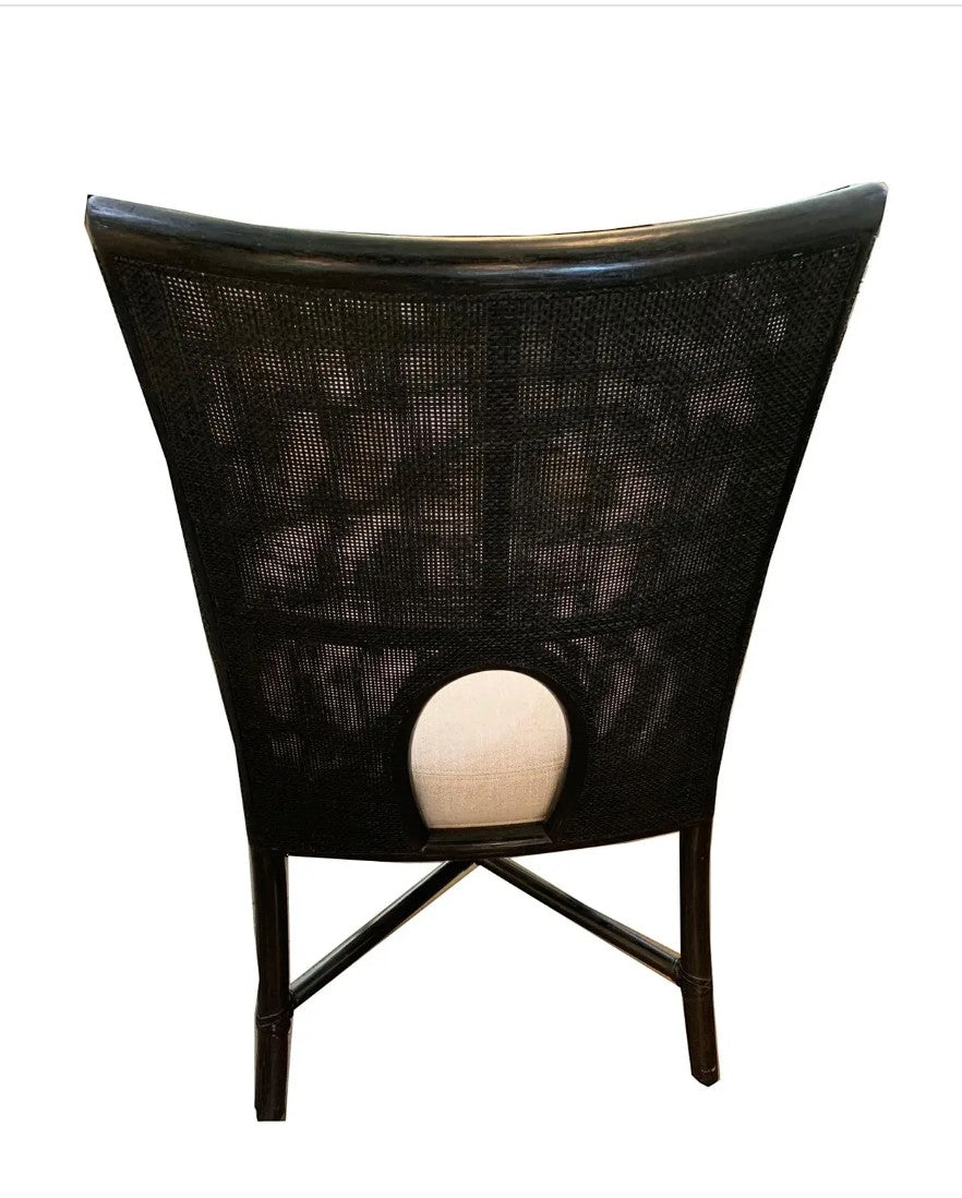 Grand Expressions Gallery and Home Store Barbara Barry for McGuire black rattan caned dining chair with cutout detail