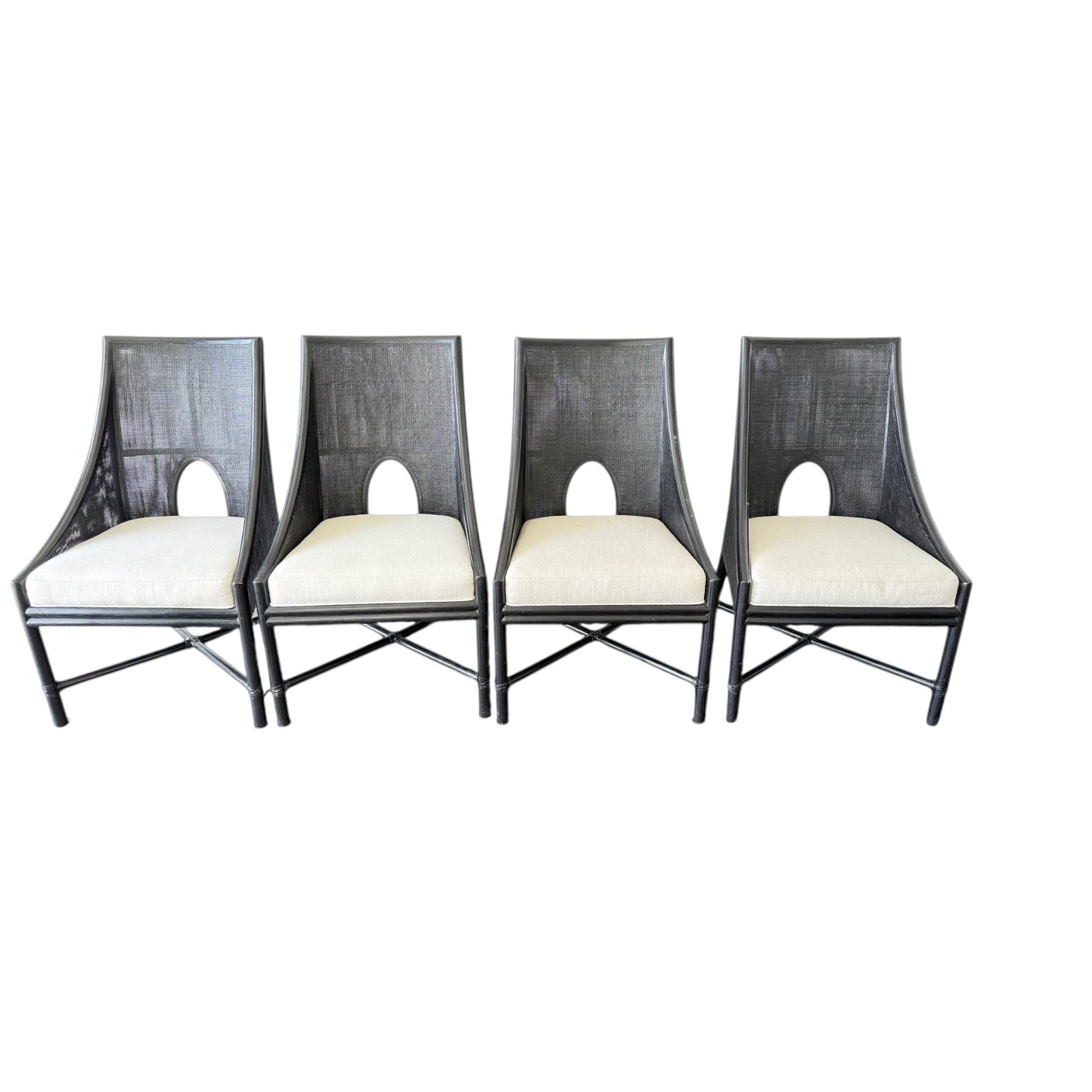 Set of 4 Grand Expressions Gallery and Home Store Barbara Barry for McGuire M-261 caned dining chairs in dark tobacco.