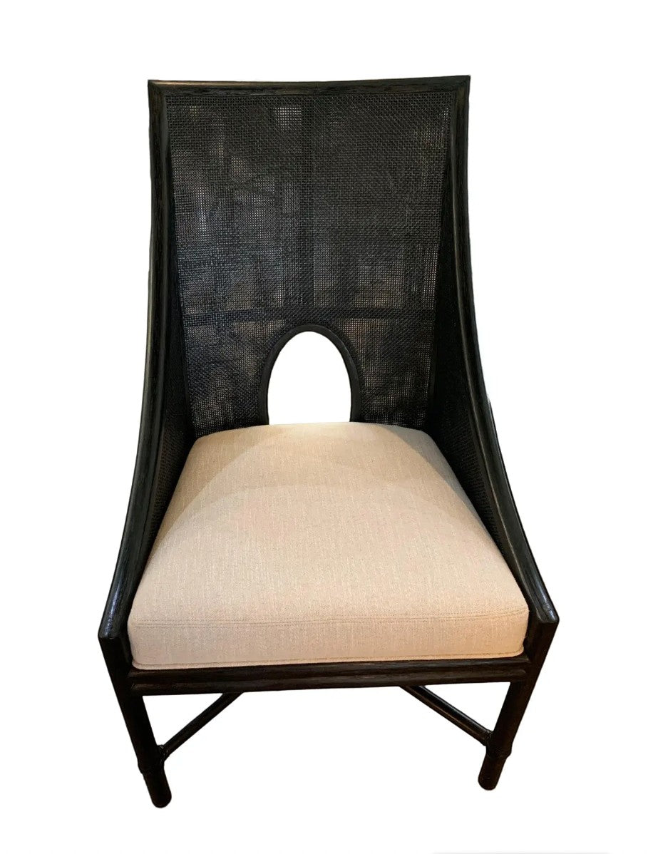 Set of 4 Barbara Barry for McGuire M-261 Petite Caned Chairs in dark tobacco rattan with ecru linen upholstered seats.
