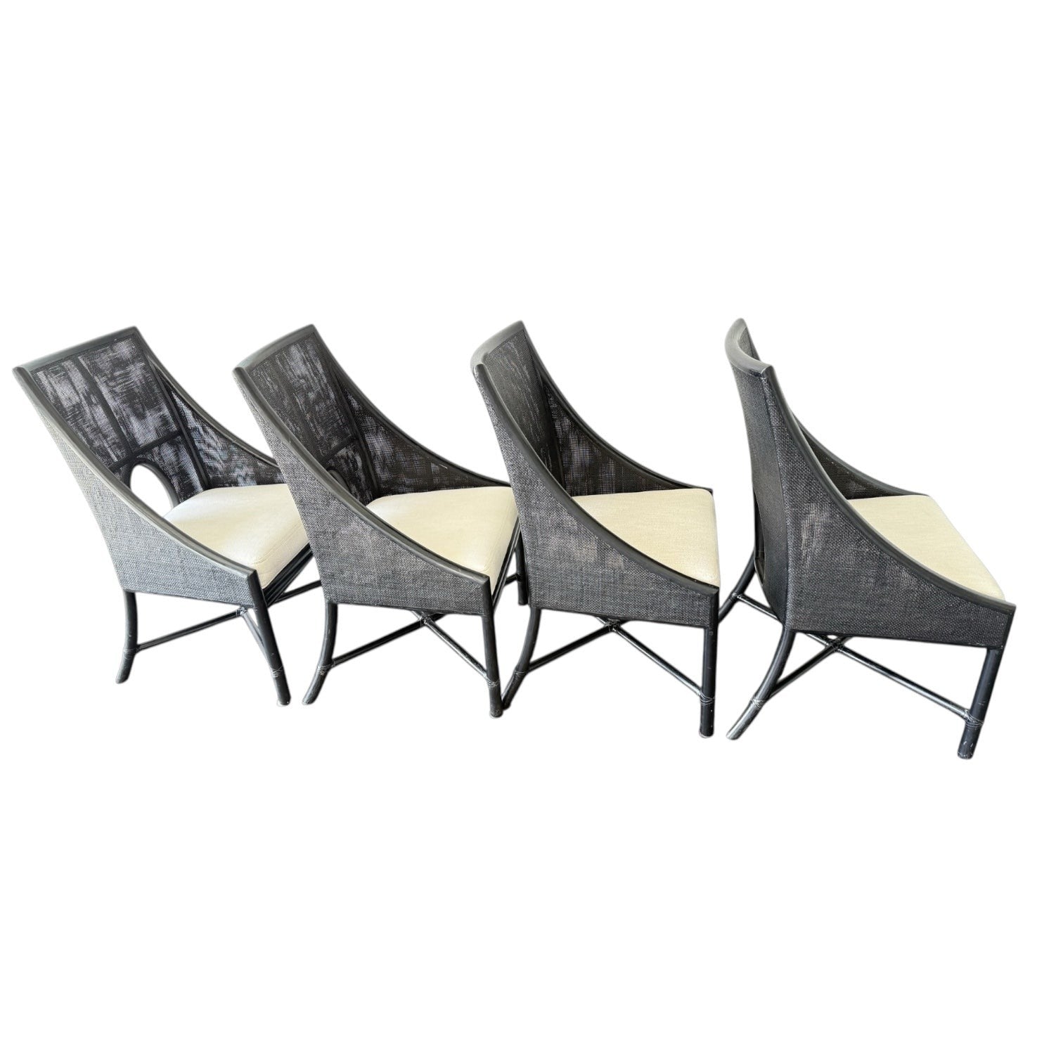 Set of 4 Grand Expressions Gallery and Home Store Barbara Barry for McGuire M-261 cane and rattan dining chairs.