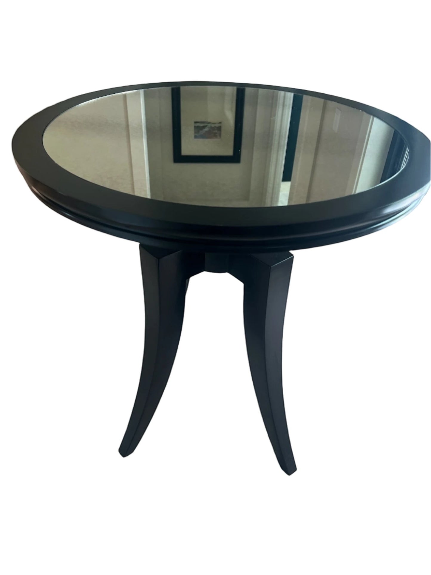 Grand Expressions Gallery and Home Store Bernhardt round accent table with a dark finish and reflective mirrored top.
