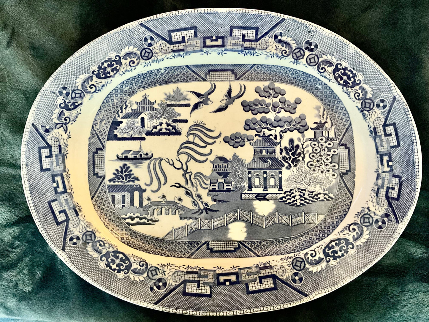 Grand Expressions Gallery and Home Store vintage oversized J.R. Wileman English Blue Willow ceramic serving platter.