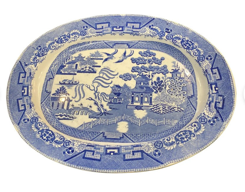 Grand Expressions Gallery and Home Store vintage oversized English Blue Willow ceramic platter with intricate pattern