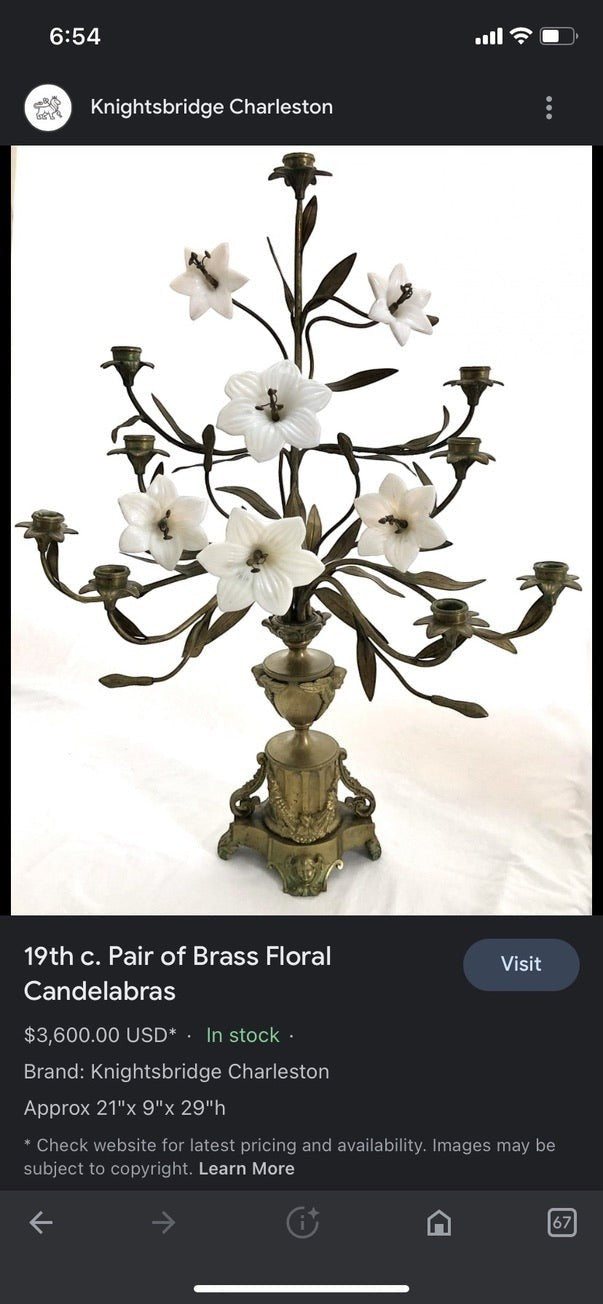 Grand Expressions Gallery and Home Store 19th-century French 9-light brass candelabrum with opalescent glass lilies.