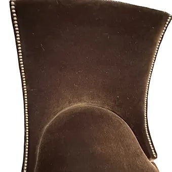 Grand Expressions Gallery and Home Store brown mohair armless chair with elegant nailhead trim and white lacquer legs.