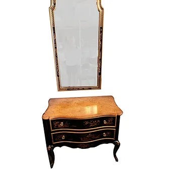 Grand Expressions Gallery and Home Store Drexel Chinoiserie chest and mirror set with black and gold painted detail.