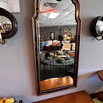 Grand Expressions Gallery and Home Store Drexel Chinoiserie style wall mirror with black and gold hand-painted frame.