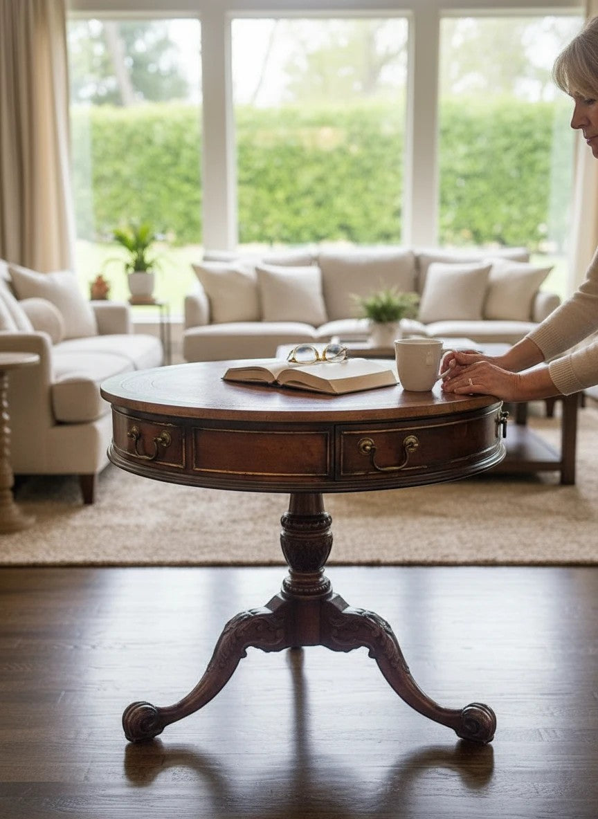 Grand Expressions Gallery and Home Store vintage Chippendale round accent table with red leather top and carved legs.
