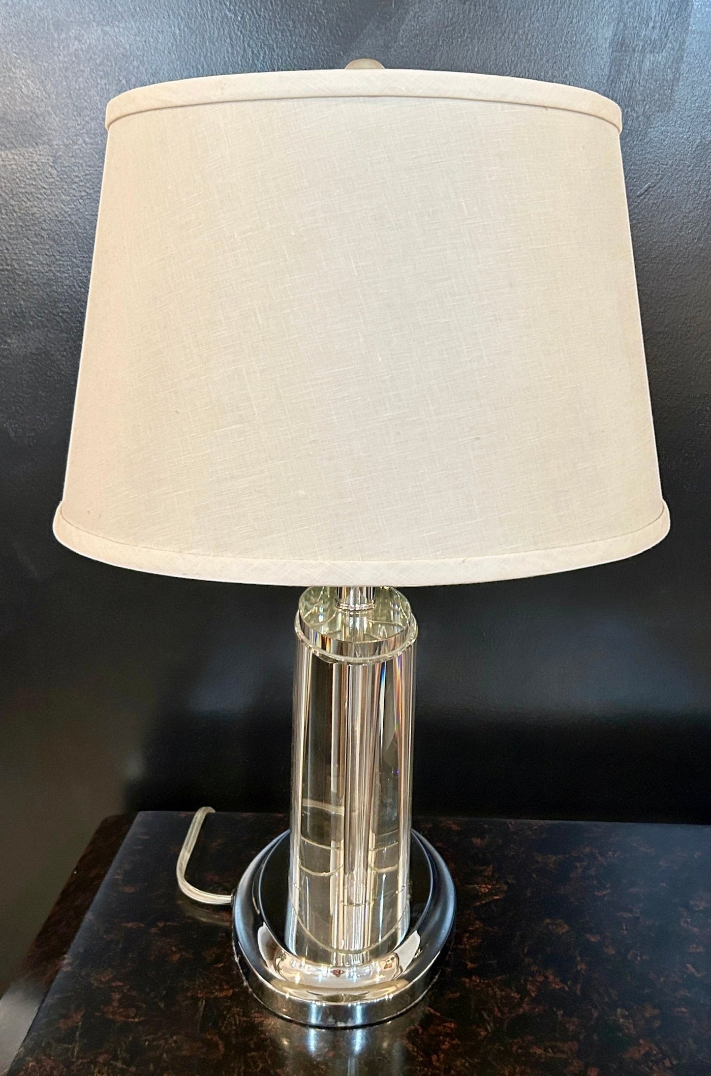 Grand Expressions Gallery and Home Store oval crystal table lamp with chrome base and off-white fabric shade