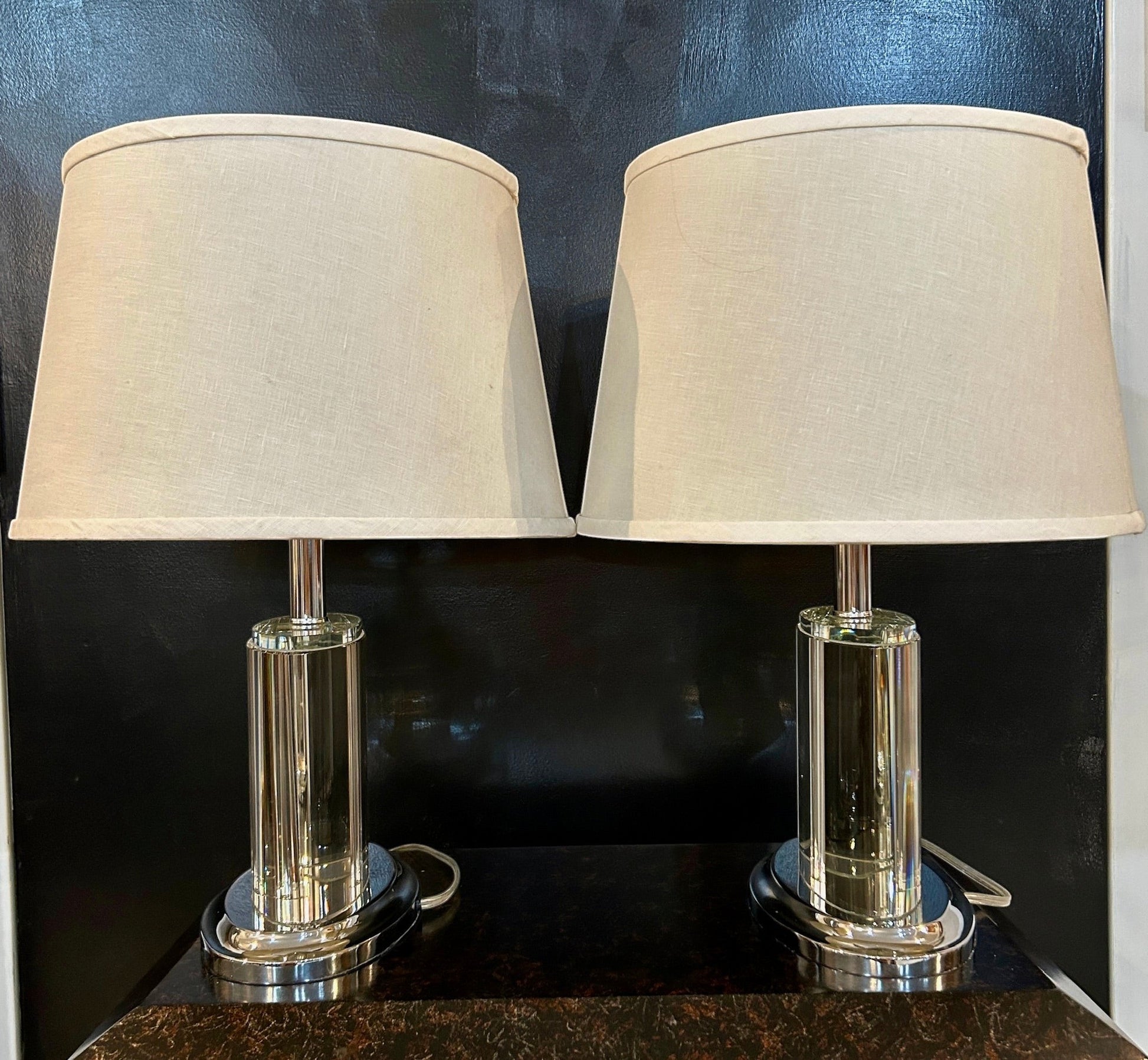 Grand Expressions Gallery and Home Store set of two oval crystal table lamps with chrome bases and beige fabric shades