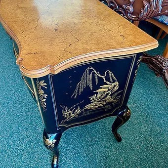 Grand Expressions Gallery and Home Store Drexel Chinoiserie small chest with black and gold hand-painted Asian scenery