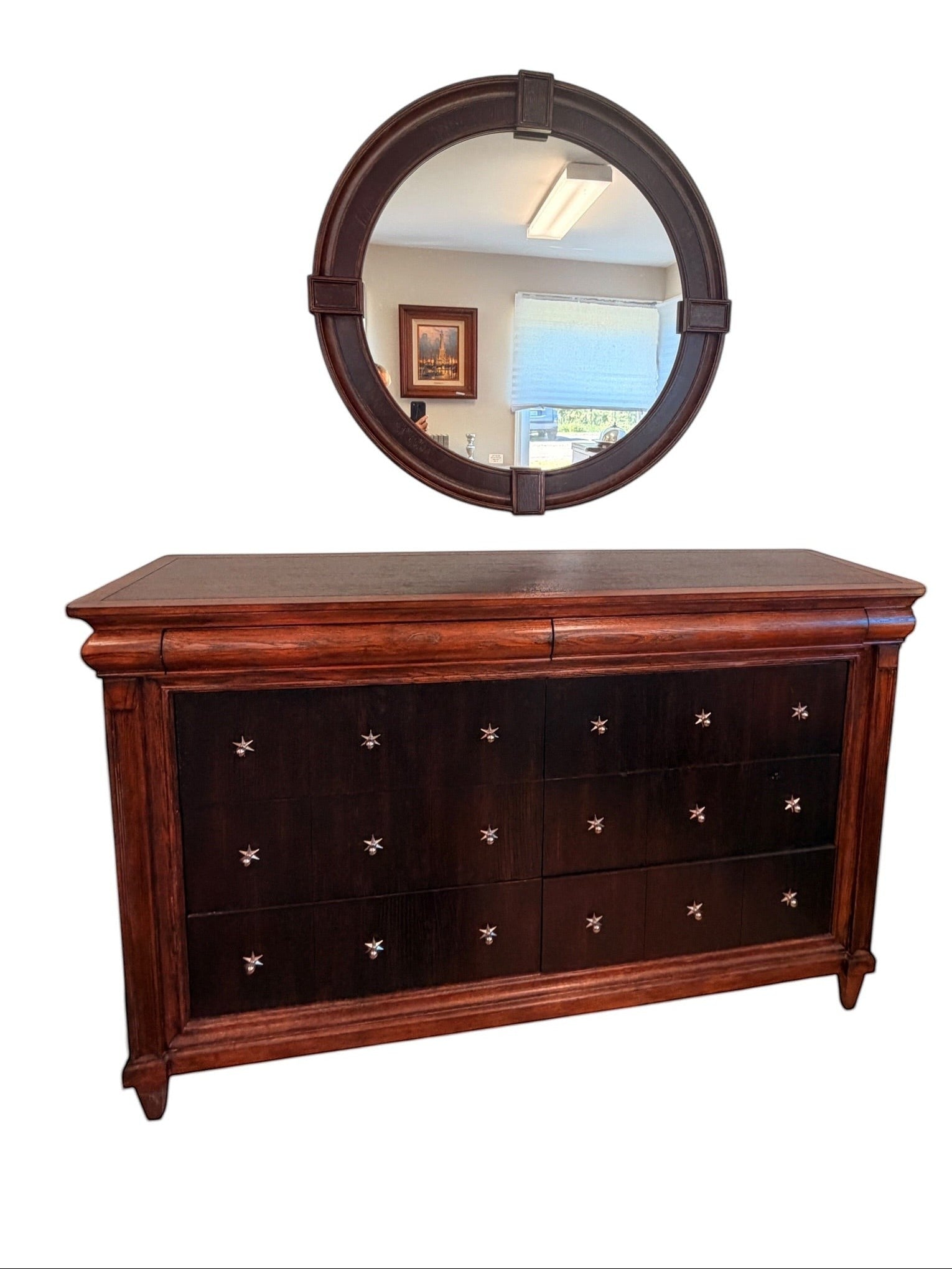 Grand Expressions Gallery and Home Store Drexel Heritage dresser with round mirror, dark brown finish, star hardware.