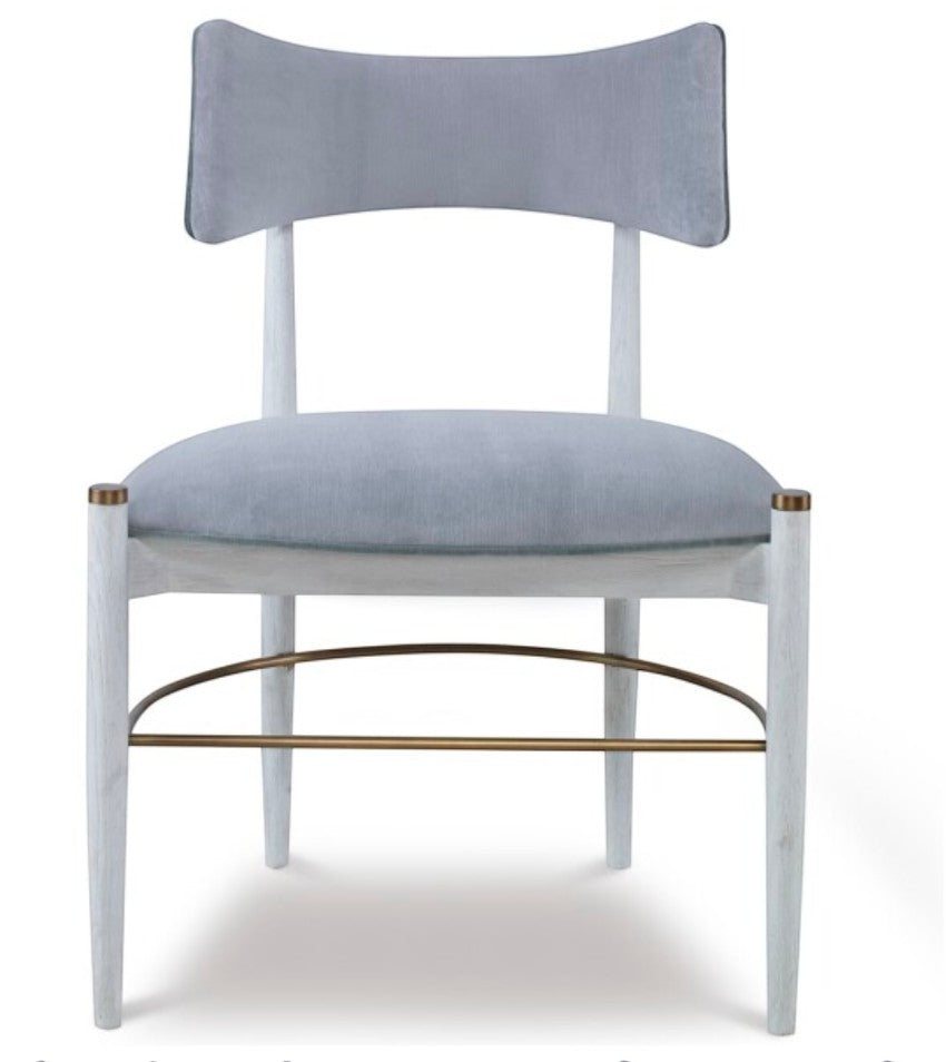 Mr. Brown London Durrant dining chair in blue velvet and white oak with a sophisticated brass leg rung by Grand Expressions Gallery and Home Store