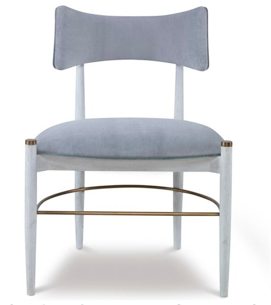 Mr. Brown London Durrant dining chair in blue velvet and white oak with a sophisticated brass leg rung by Grand Expressions Gallery and Home Store