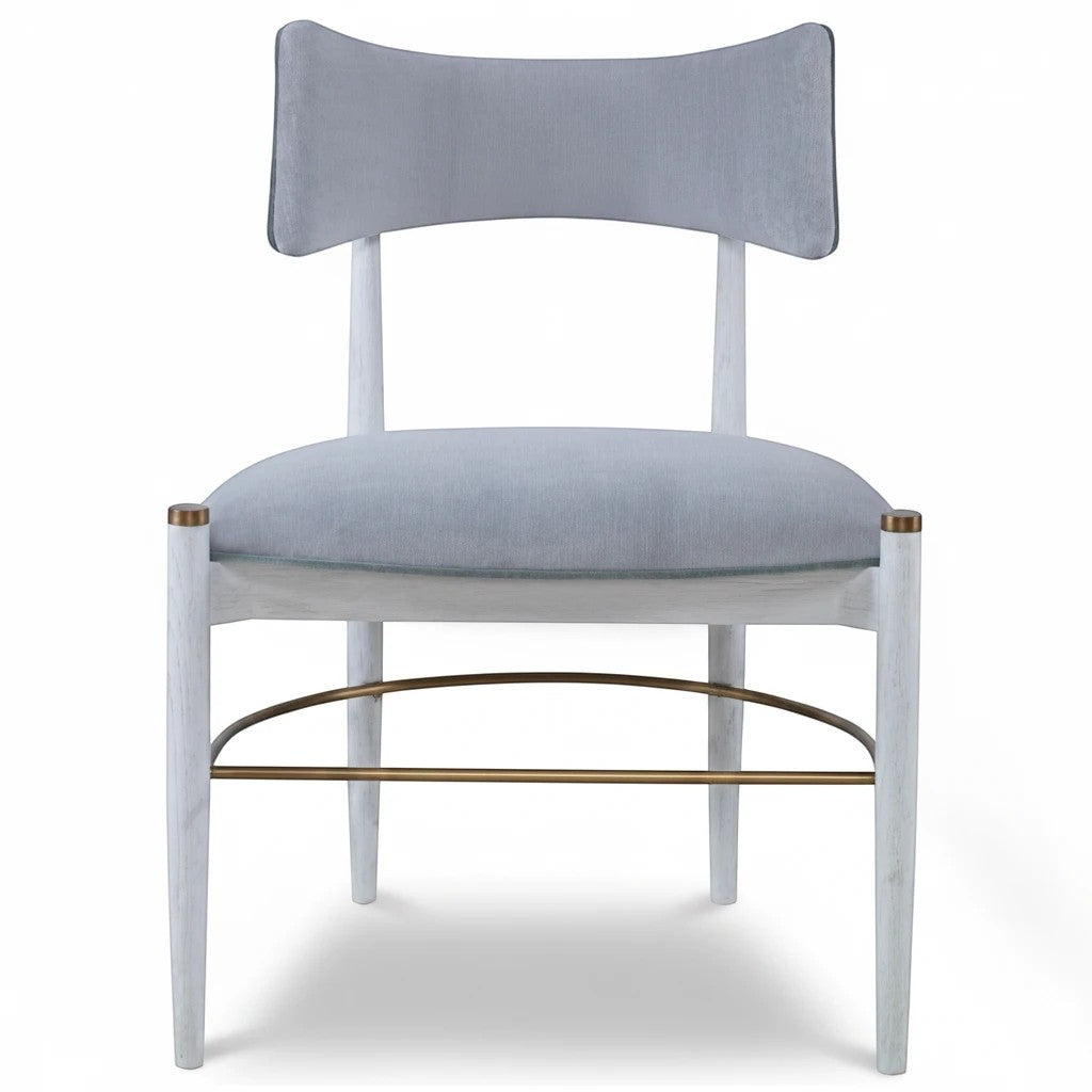 Mr. Brown London Durrant dining chair in blue velvet and white oak with a sophisticated brass rung at Grand Expressions Gallery and Home Store