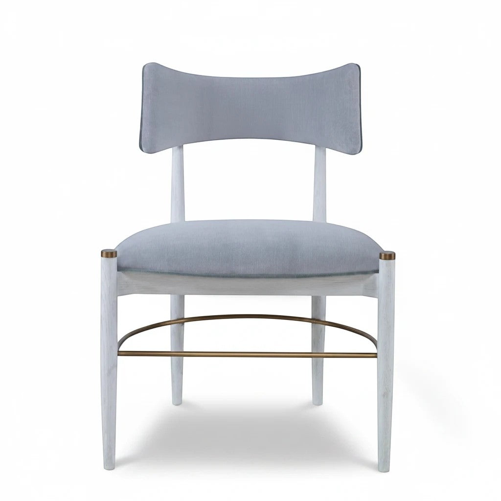 Grand Expressions Gallery and Home Store Mr. Brown London Durrant dining chair in blue velvet and white oak with brass