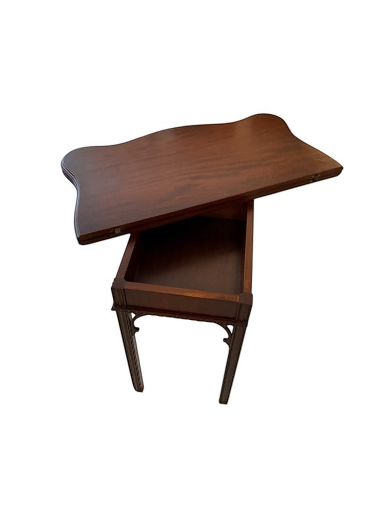 Grand Expressions Gallery and Home Store small wooden Asian-style flip-top game table with a dark brown finish.